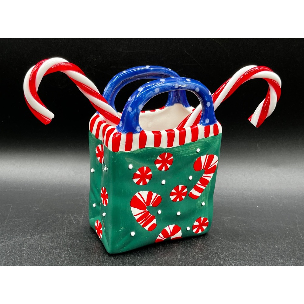 Ganz Christmas Candy Cane Ceramic Gift Bag Vase Figurine w/ 2 Glass Candy Canes